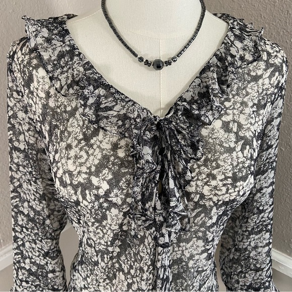 Floral Black White Silk See Through Sheer Long Sleeve Blouse Top Size 10 Vtg 90s - Picture 2 of 8